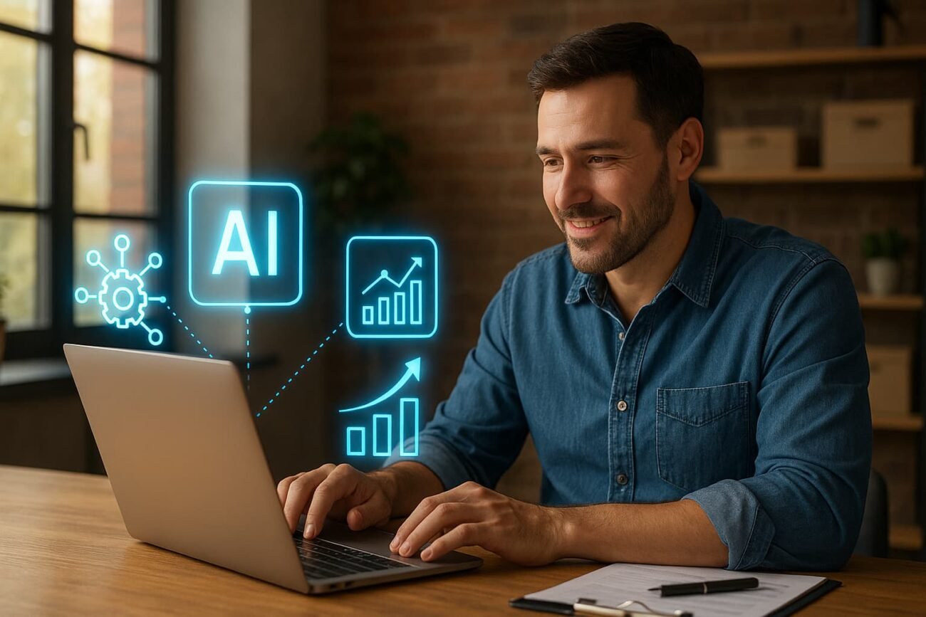 A small business owner working on a laptop with glowing AI icons representing automation, analytics, and growth.
