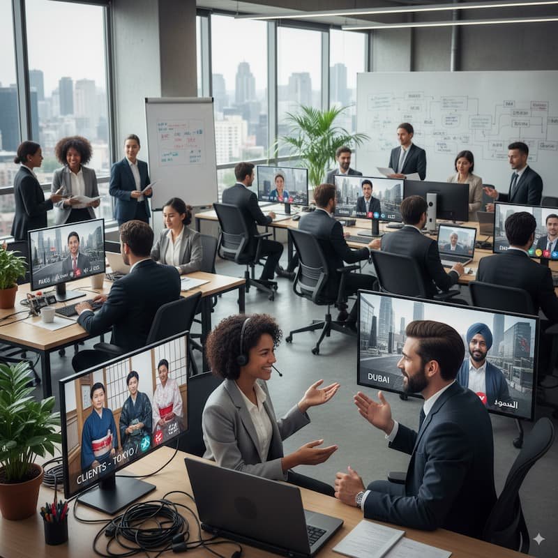 office scene with multilingual professionals communicating with global clients