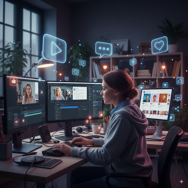 entrepreneur creating content with glowing engagement icons