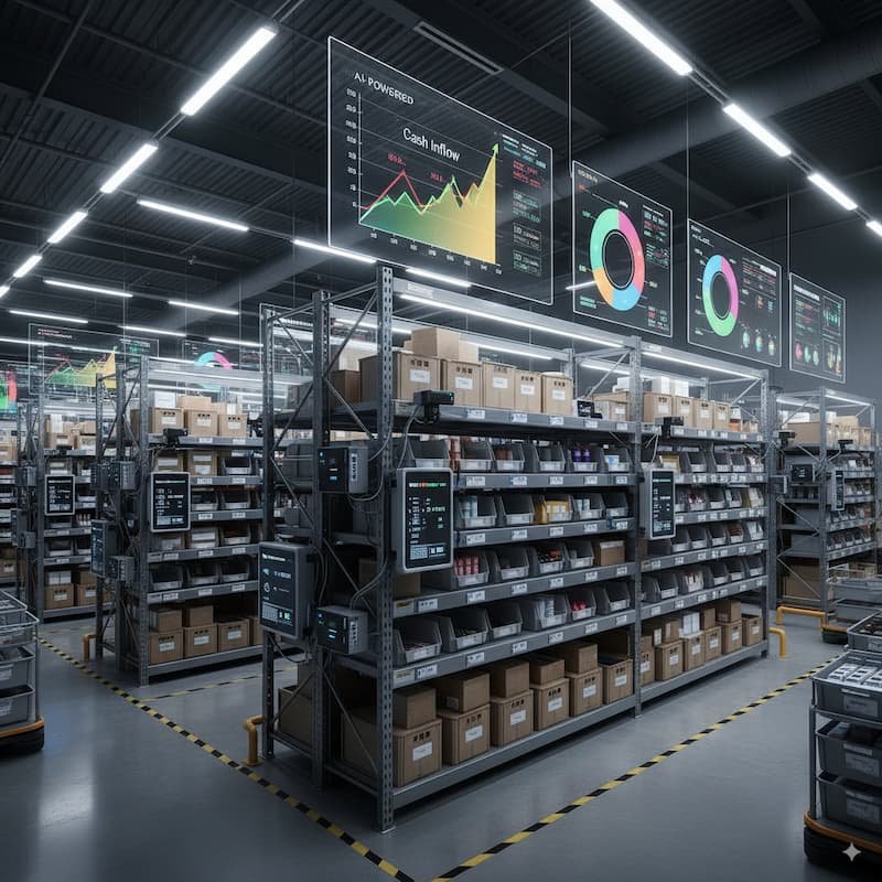 depicting shelves with AI-powered inventory tracking systems and graphs showing cash flow