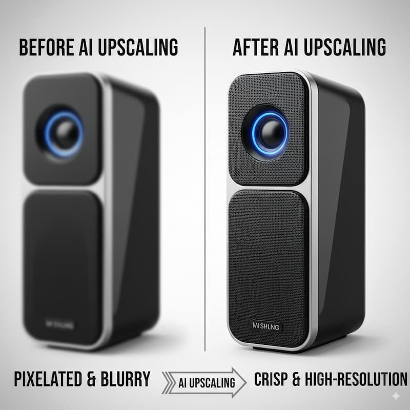 Product photo comparison before and after AI image upscaling