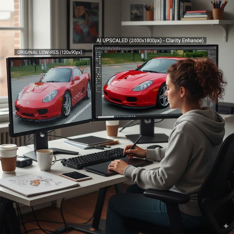 Professional designer reviewing image quality improvements after upscaling