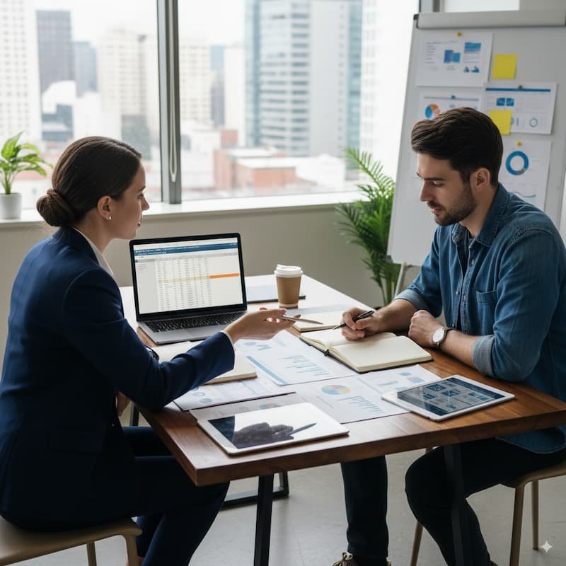 Local business consultant advising entrepreneur on compliance during first-year setup